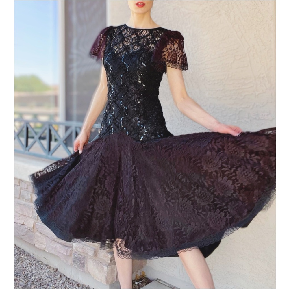 VINTAGE 90s SHUET YOUNG Black & Brown Lace Flutter Sleeve Flounce Midi Dress S - Picture 4 of 10